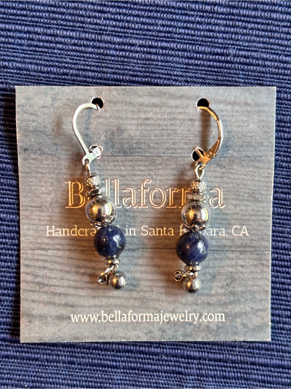 Navy Blue Bead Drop Earrings with Silver Accents
